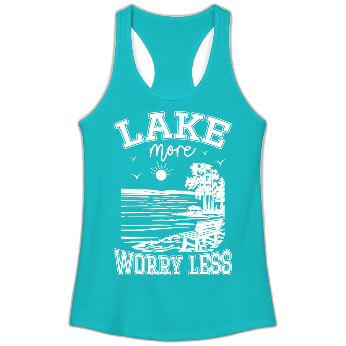 Lake More Worry Less Scenic View Ladies Tank in Tahiti Blue