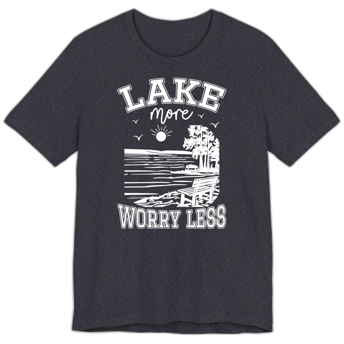 Lake More Worry Less Scenic View Premium T-Shirt in Heather Navy