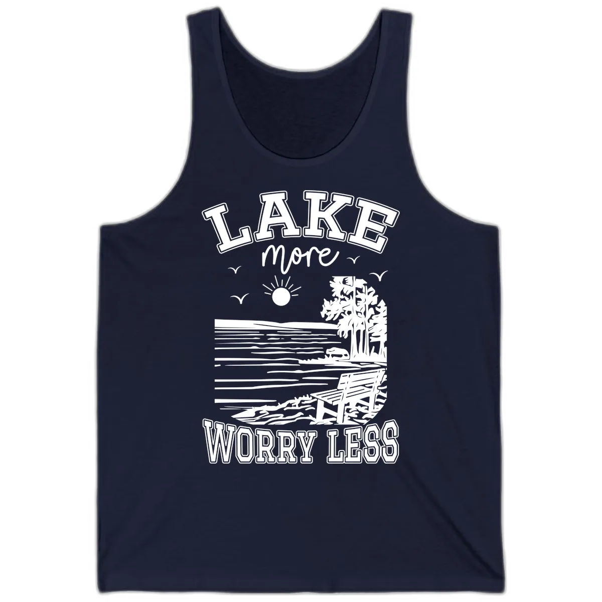 Lake More Worry Less Scenic View Tank in Navy