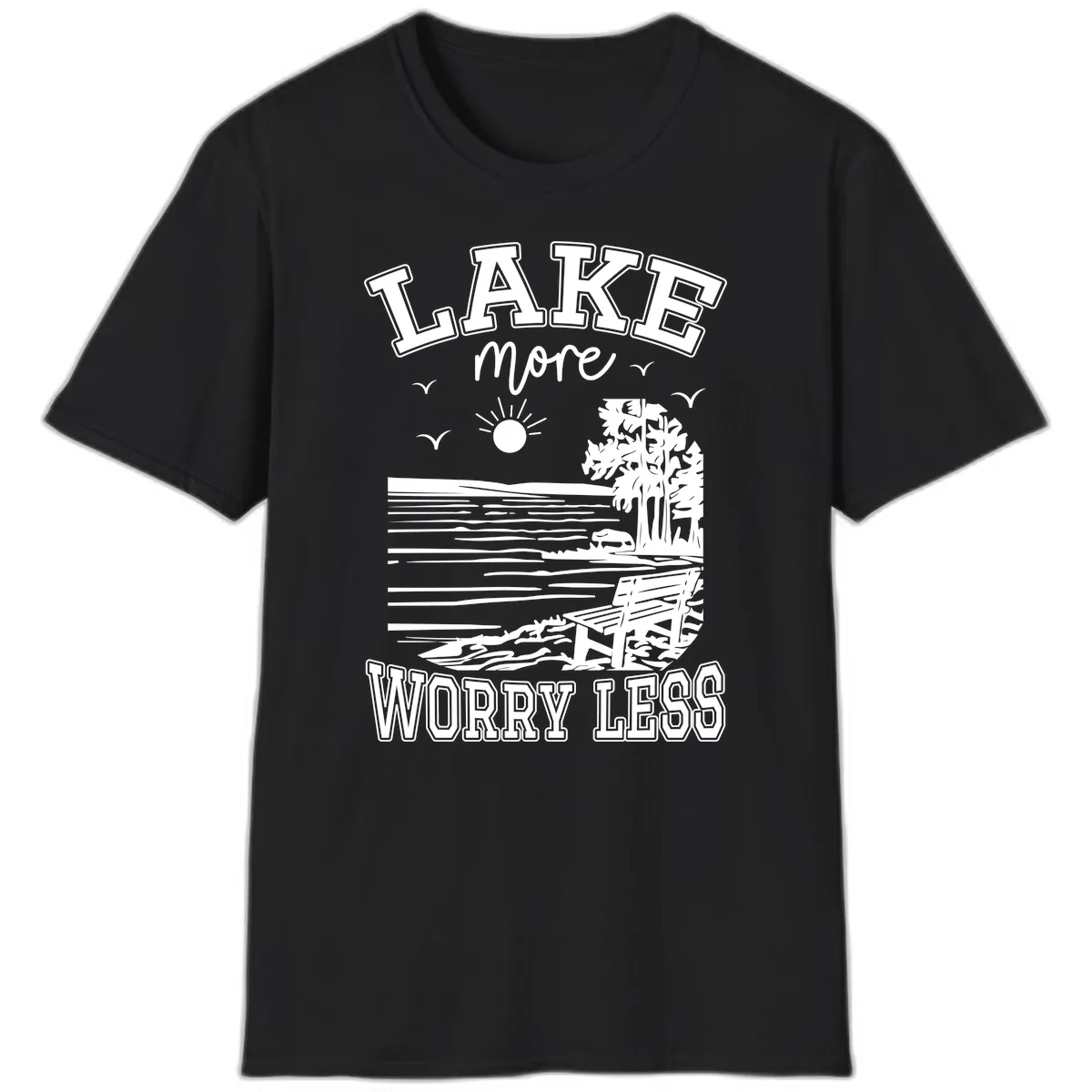 Lake More Worry Less Scenic View T-Shirt in Black
