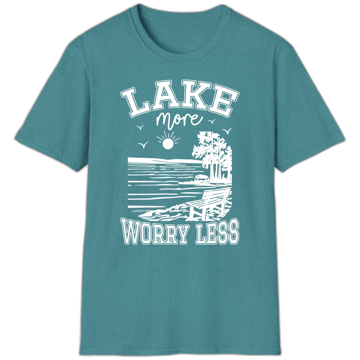 Lake More Worry Less Scenic View T-Shirt in Heather Galapagos Blue