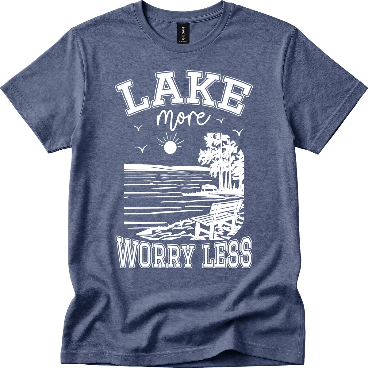 Lake More Worry Less Scenic View T-Shirt in Heather Navy
