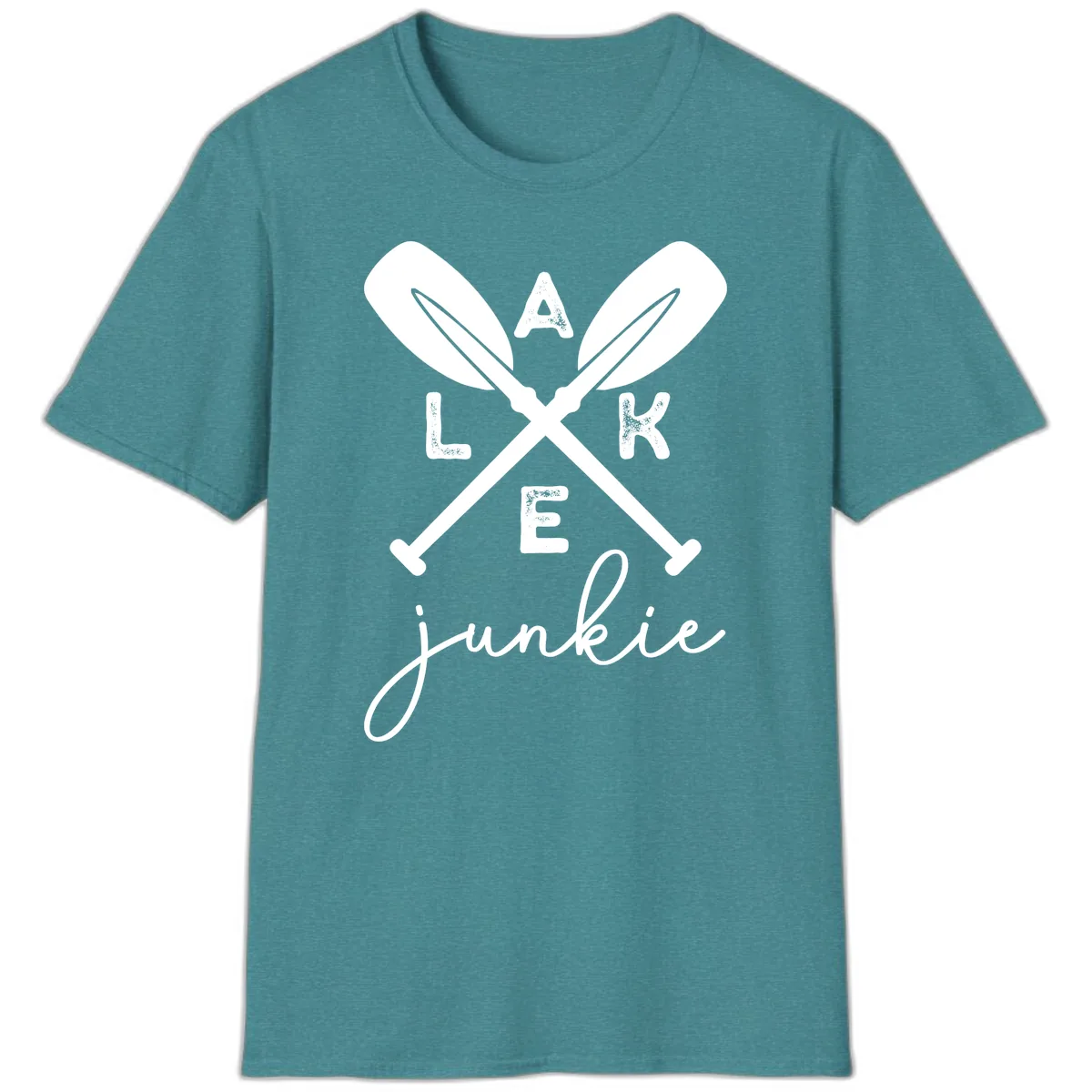 Lake Junkie Paddles Design T-Shirt in Heather Galapagos Blue