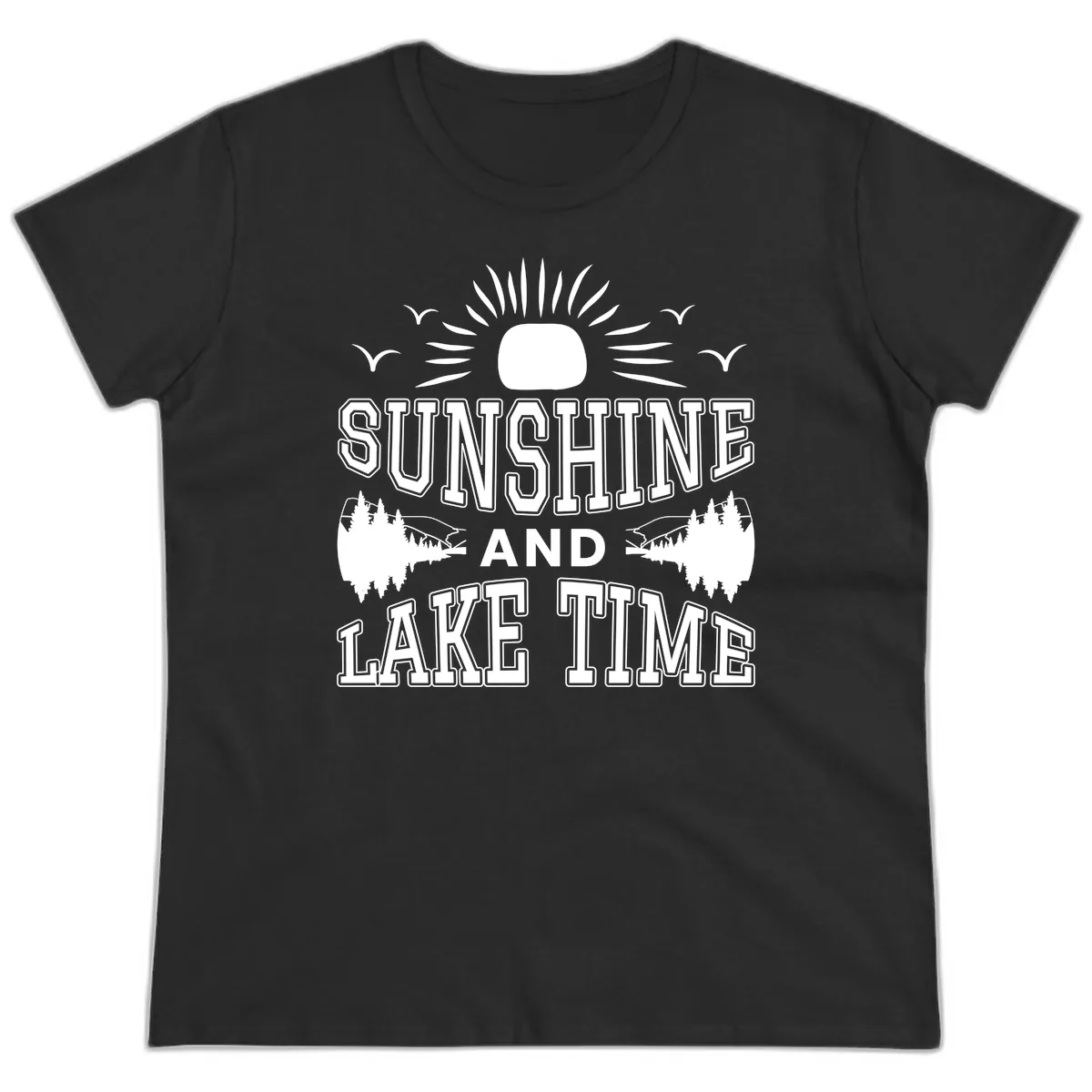 Sunshine And Lake Time Graphic Ladies Tee in Black