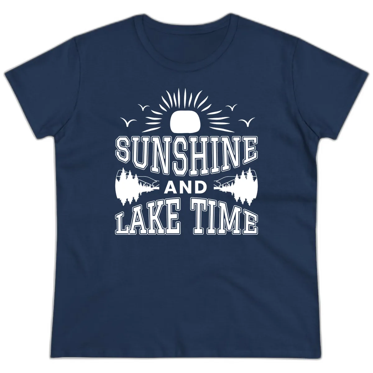 Sunshine And Lake Time Graphic Ladies Tee in Navy