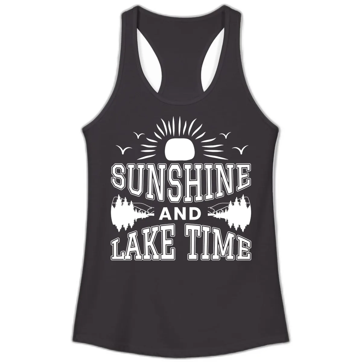 Sunshine And Lake Time Graphic Ladies Tank in Black