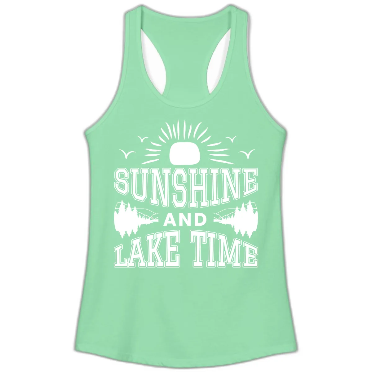 Sunshine And Lake Time Graphic Ladies Tank in Solid Mint