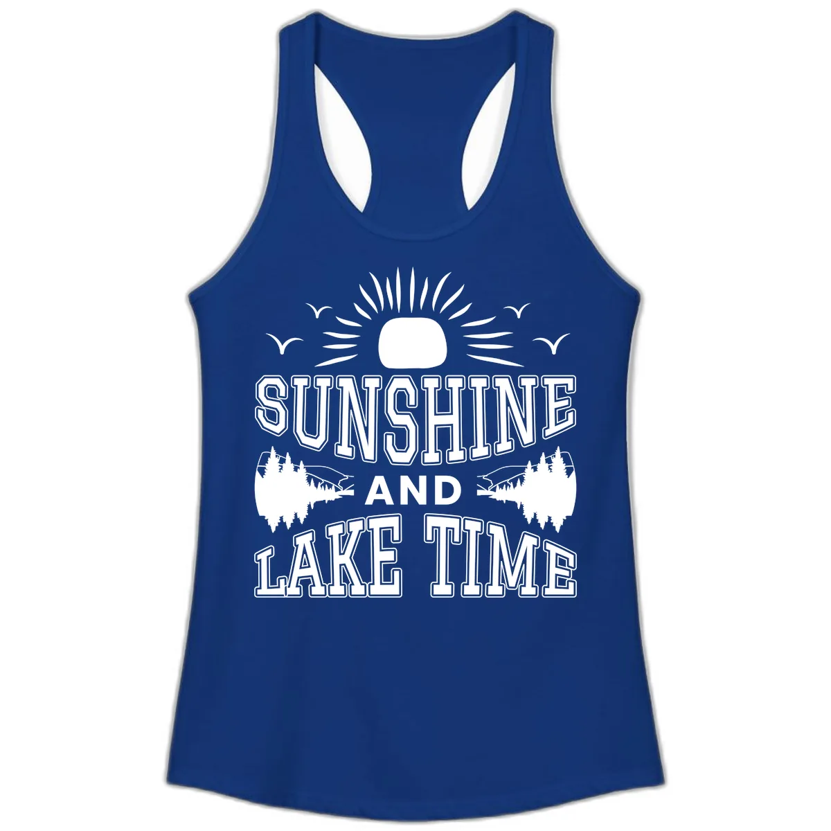 Sunshine And Lake Time Graphic Ladies Tank in Solid Royal