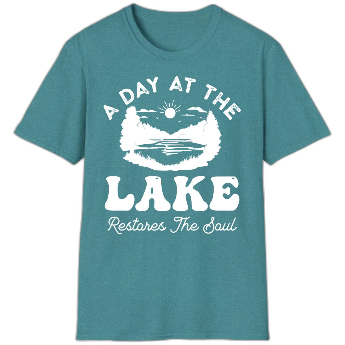 A Day At The Lake Restores The Soul T-Shirt in Heather Galapagos Blue