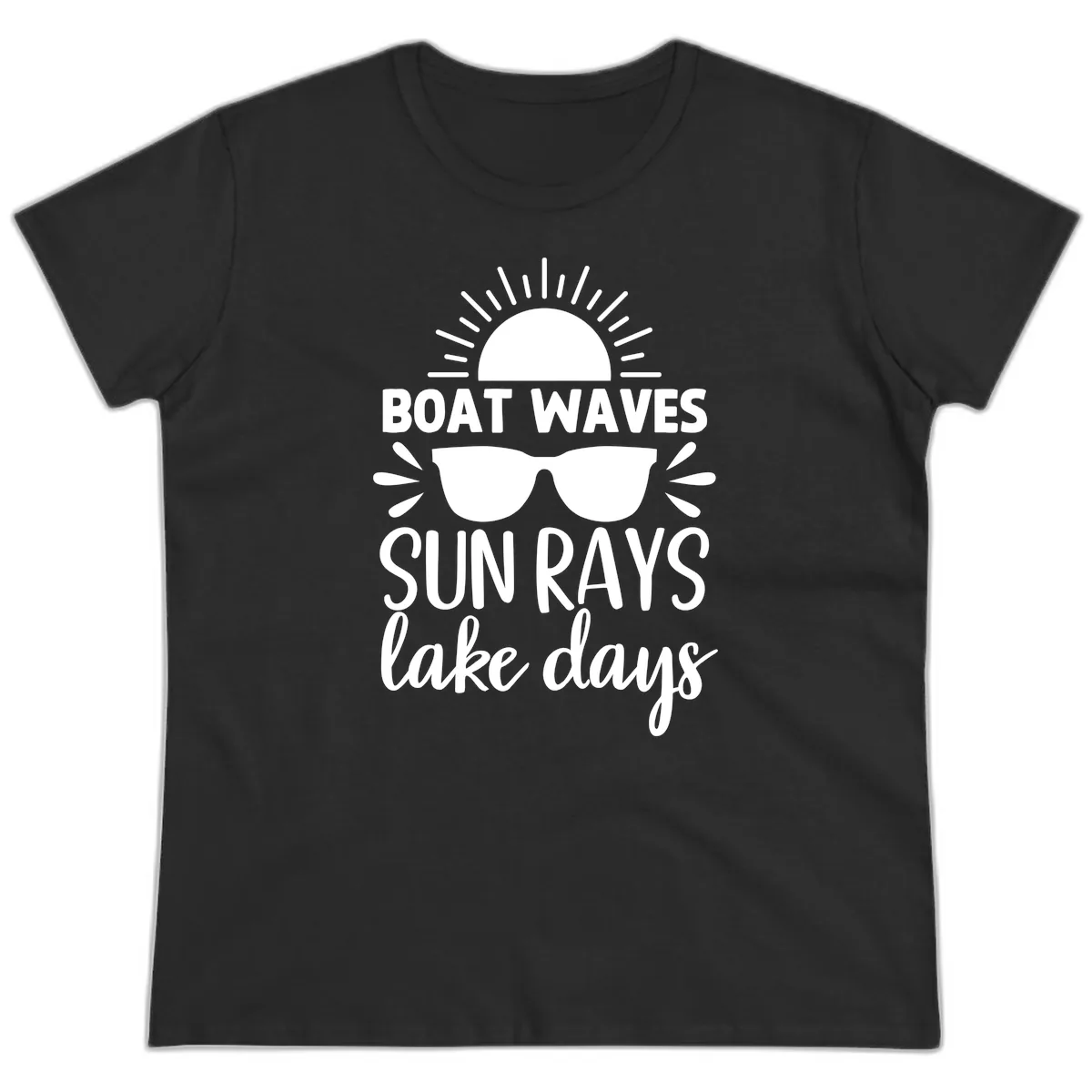 Boat Waves Sun Rays Lake Days Ladies Tee in Black