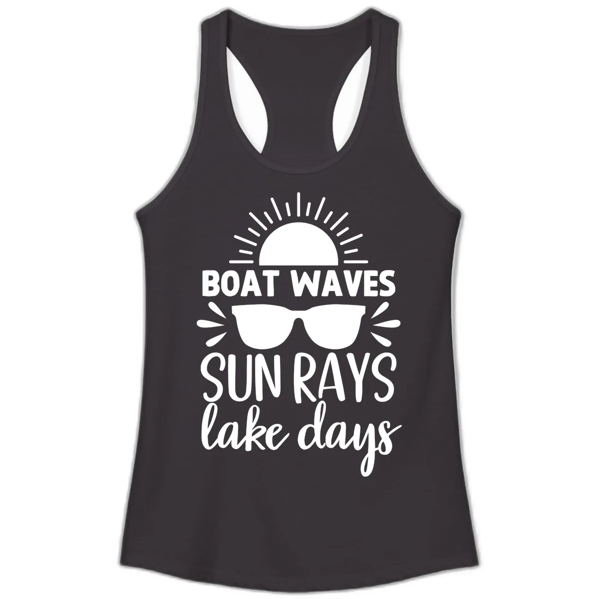 Boat Waves Sun Rays Lake Days Ladies Tank in Black