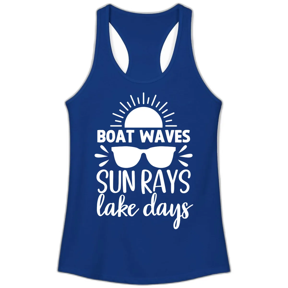 Boat Waves Sun Rays Lake Days Ladies Tank in Solid Royal