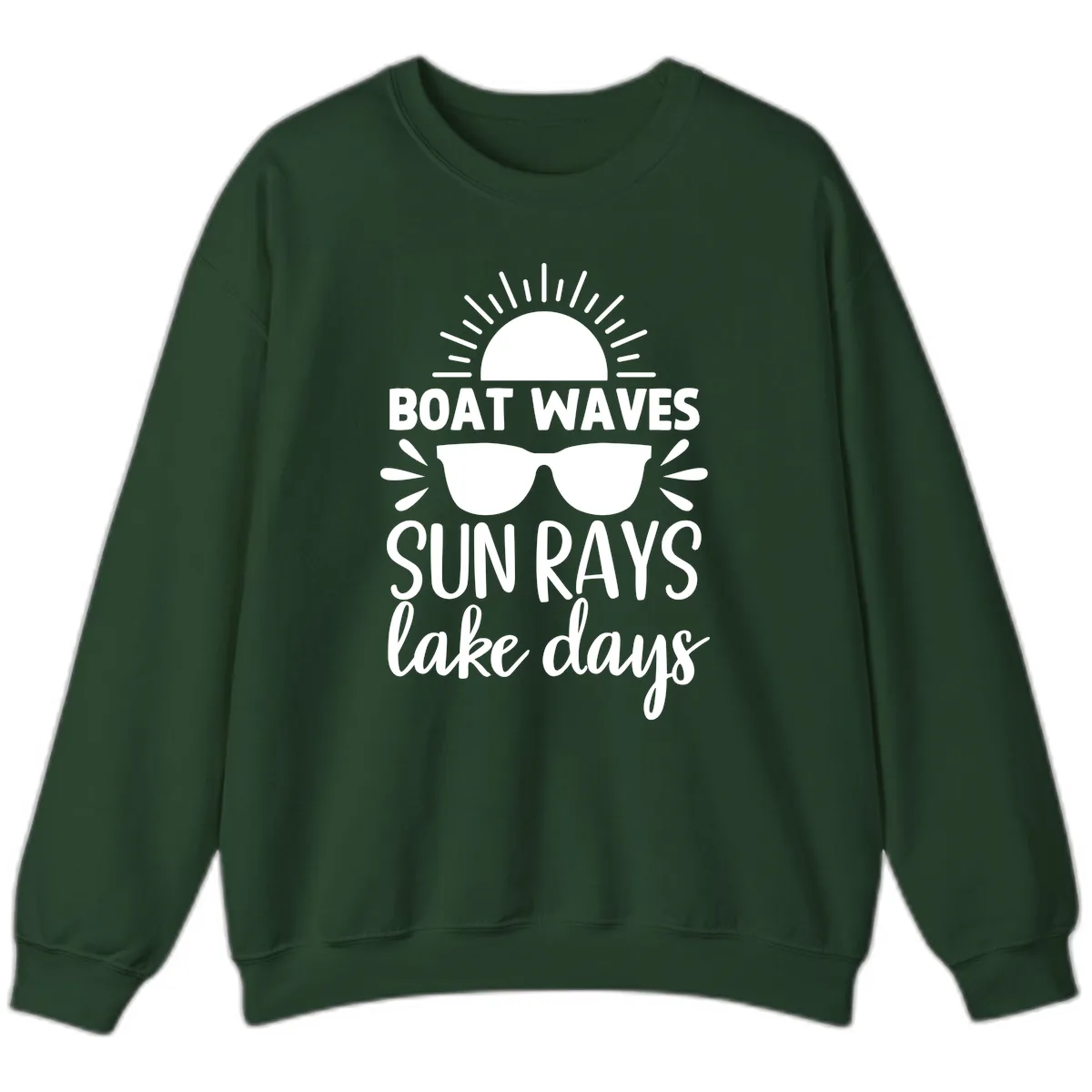 Boat Waves Sun Rays Lake Days Sweatshirt in Forest Green