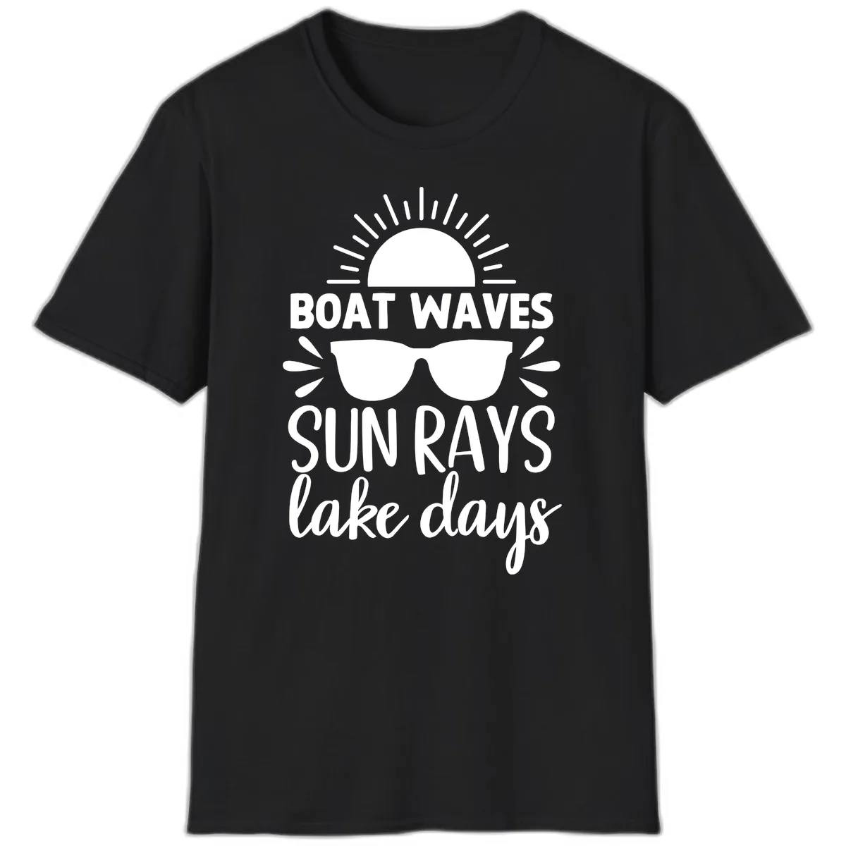 Boat Waves Sun Rays Lake Days T-Shirt in Black