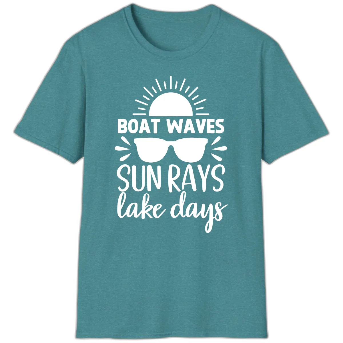 Boat Waves Sun Rays Lake Days T-Shirt in Heather Galapagos Blue