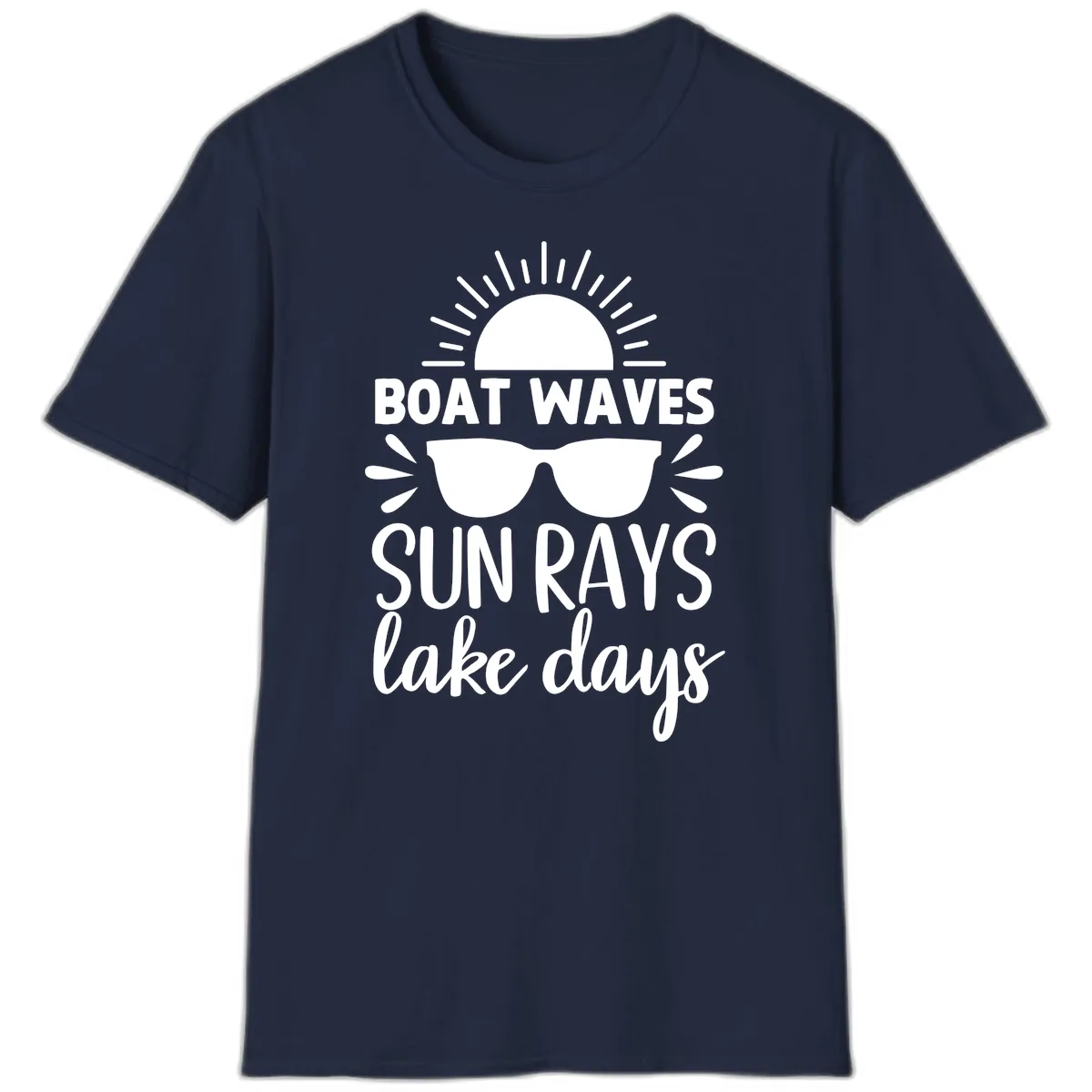 Boat Waves Sun Rays Lake Days T-Shirt in Navy
