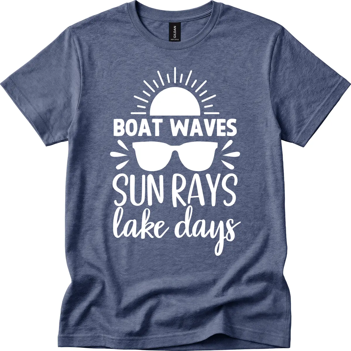 Boat Waves Sun Rays Lake Days T-Shirt in Heather Navy