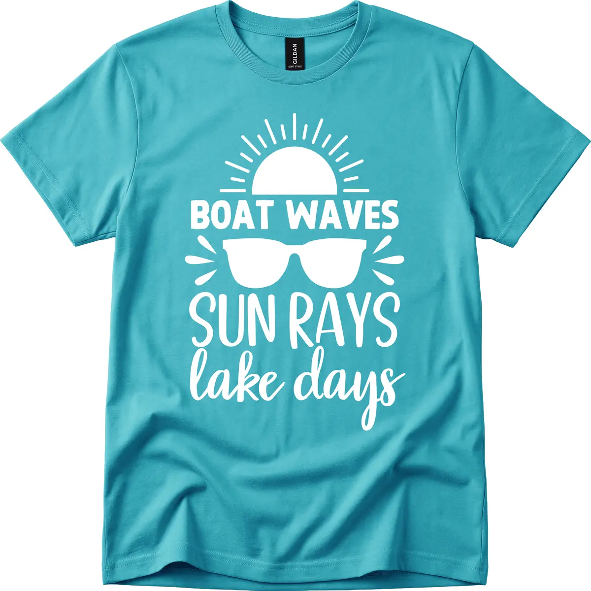 Boat Waves Sun Rays Lake Days T-Shirt in Tropical Blue
