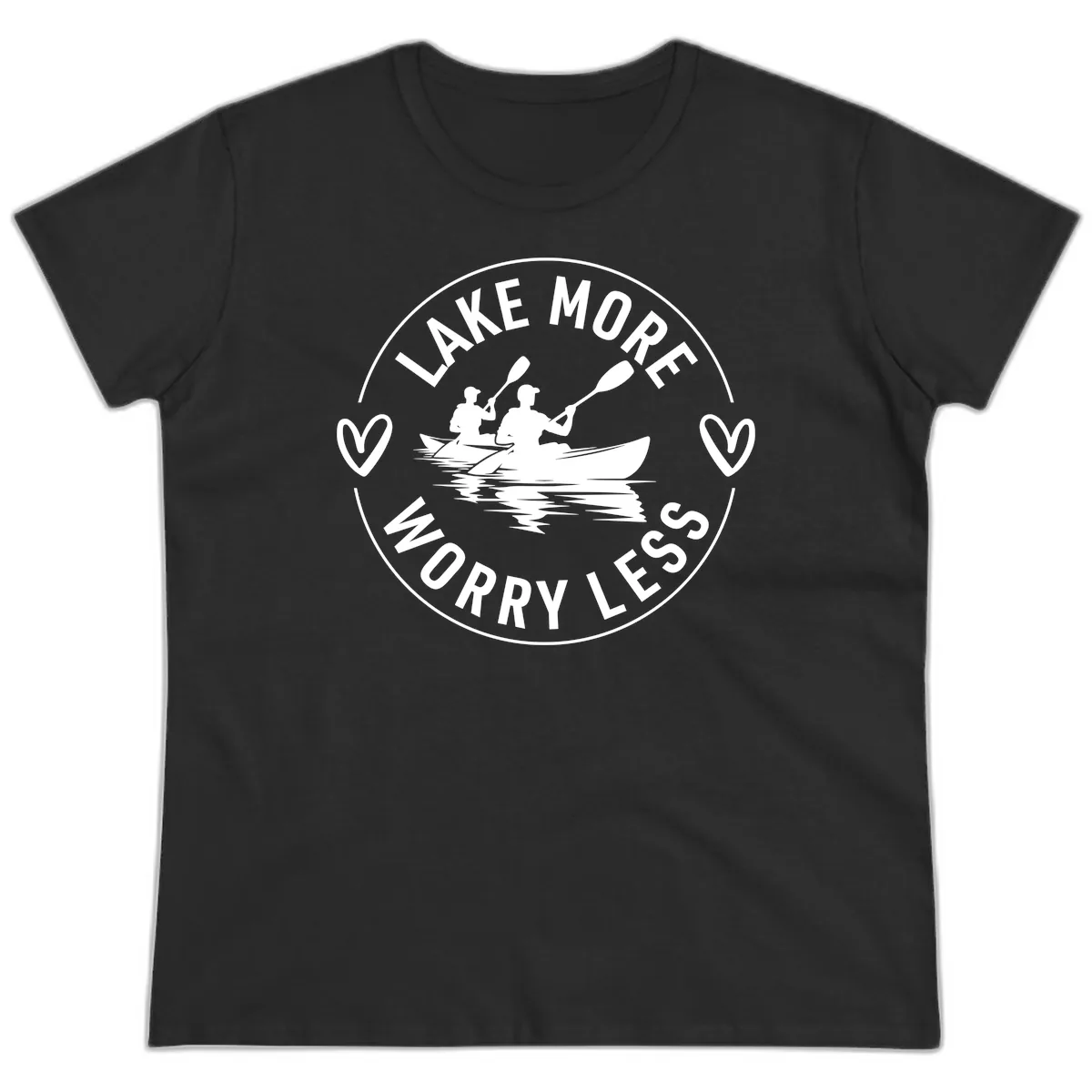 Lake More Worry Less Kayaking Design Ladies Tee in Black