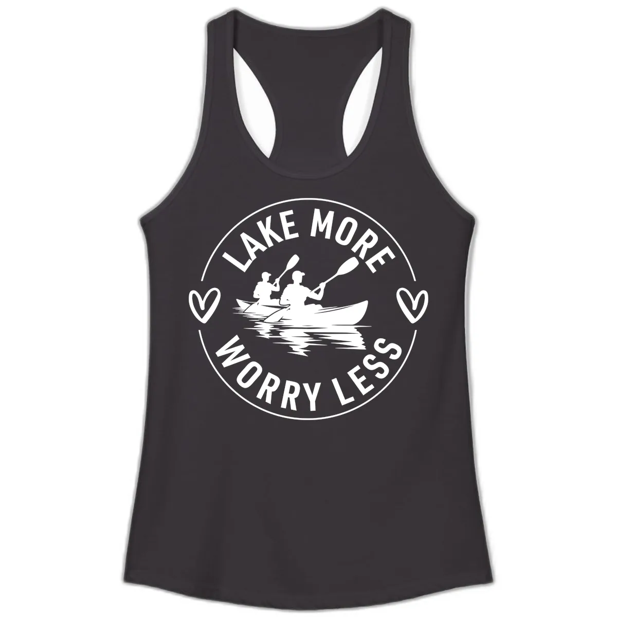 Lake More Worry Less Kayaking Design Ladies Tank in Black