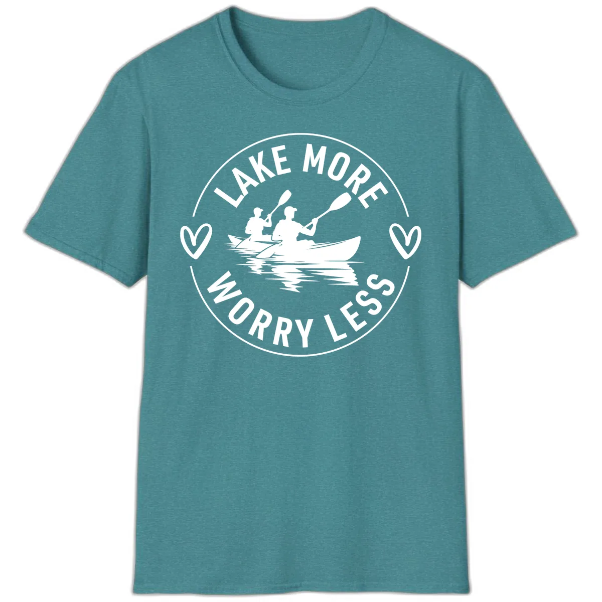 Lake More Worry Less Kayaking Design T-Shirt in Heather Galapagos Blue