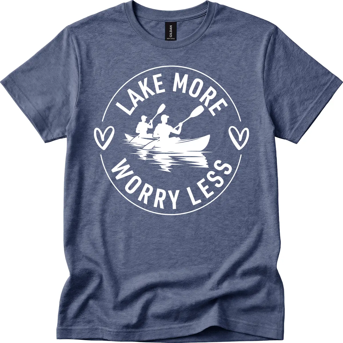 Lake More Worry Less Kayaking Design T-Shirt in Heather Navy