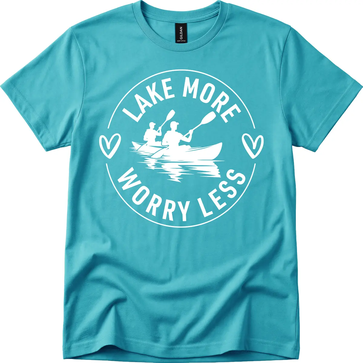 Lake More Worry Less Kayaking Design T-Shirt in Tropical Blue