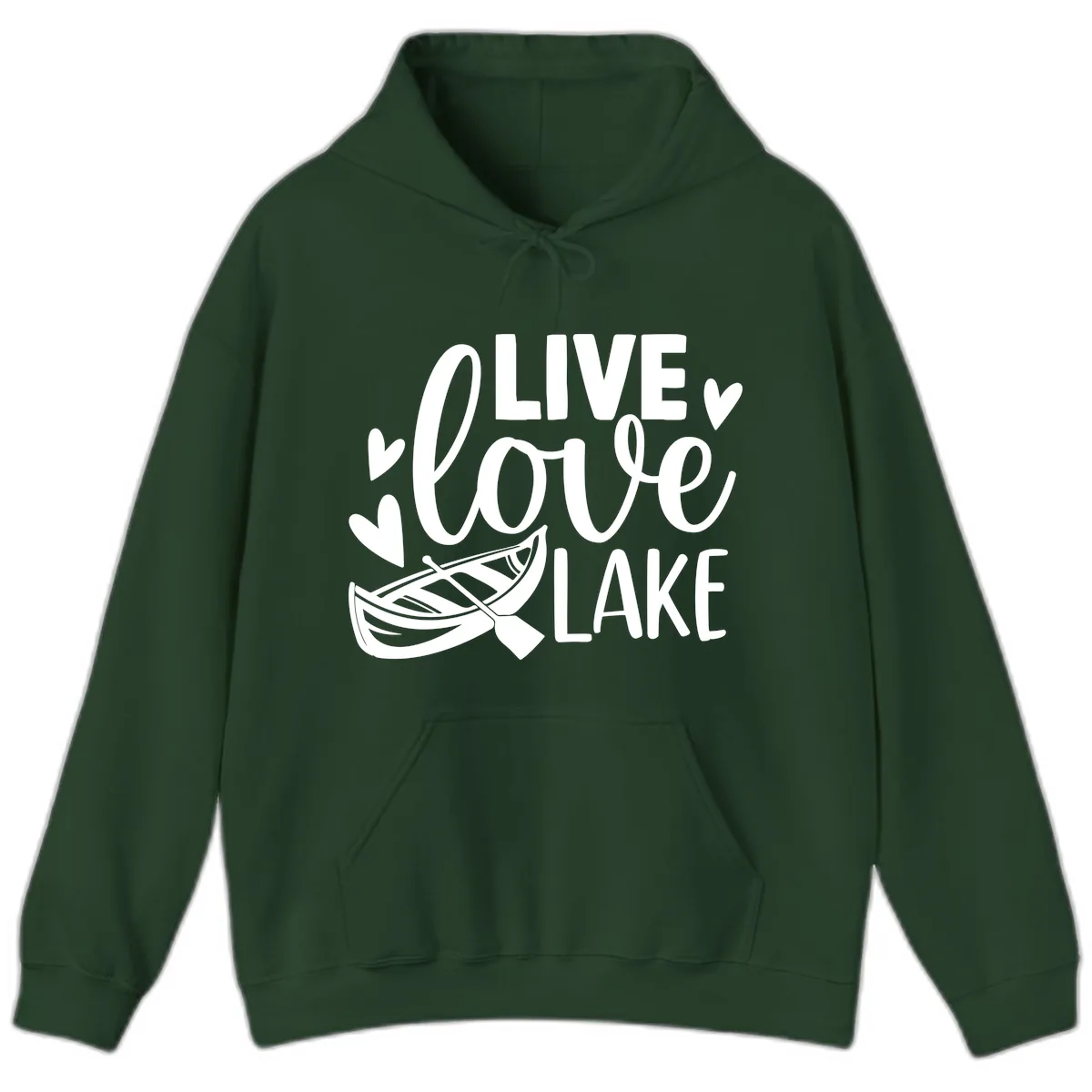 Live Love Lake Boat Design Hoodie in Forest Green