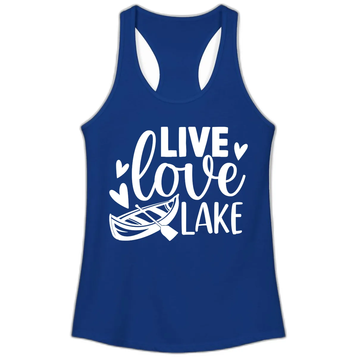 Live Love Lake Boat Design Ladies Tank in Solid Royal