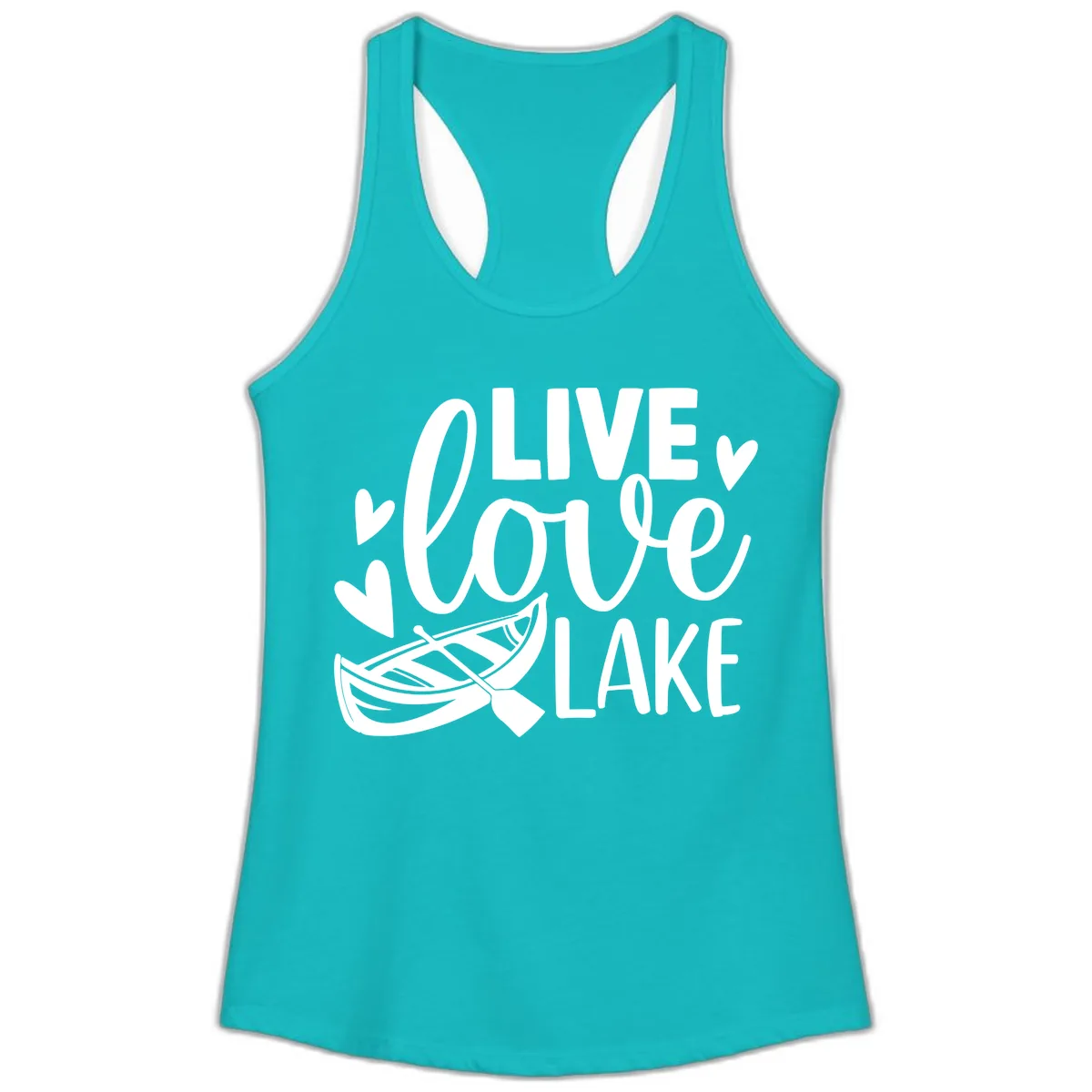 Live Love Lake Boat Design Ladies Tank in Tahiti Blue