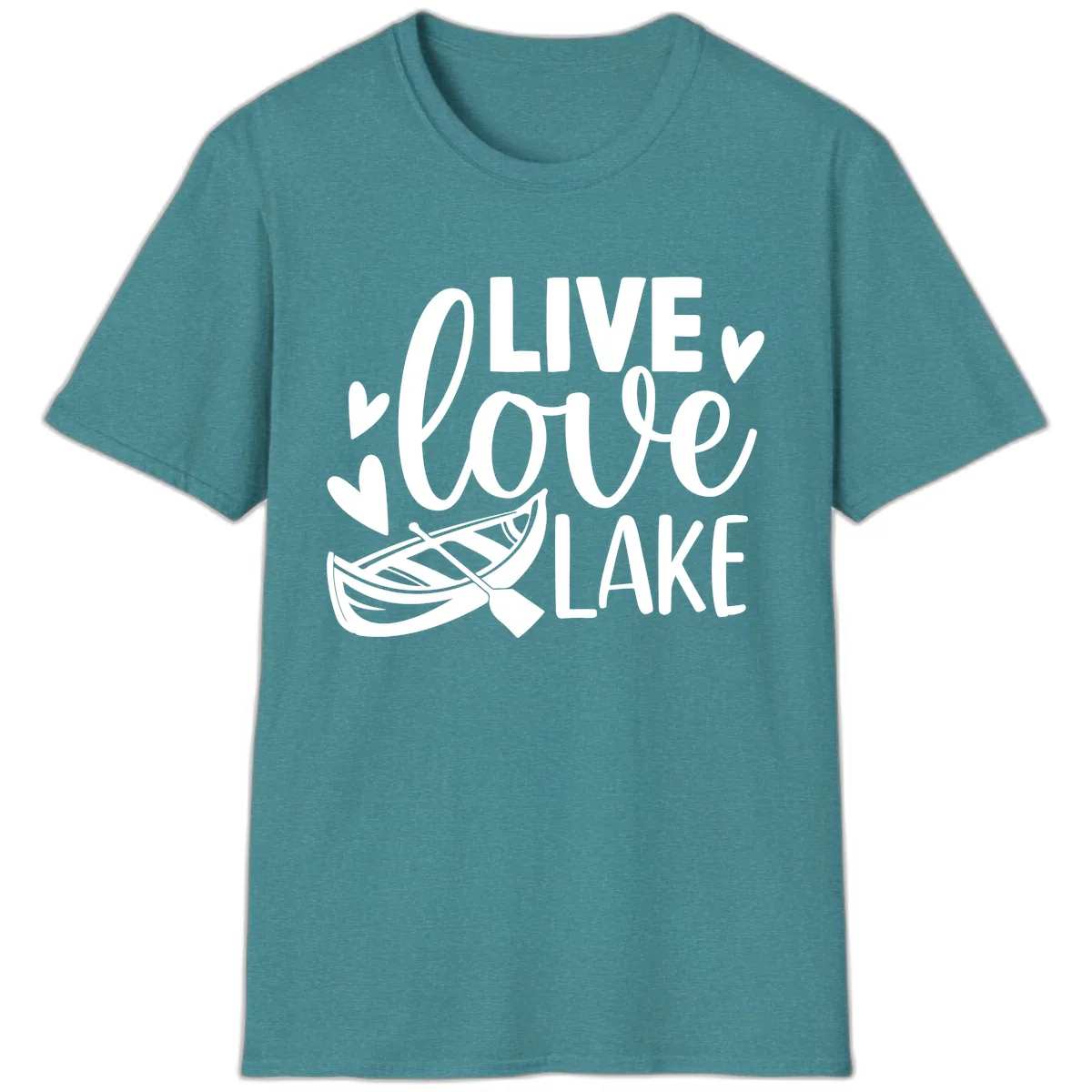 Live Love Lake Boat Design T-Shirt in Heather Galapagos Blue