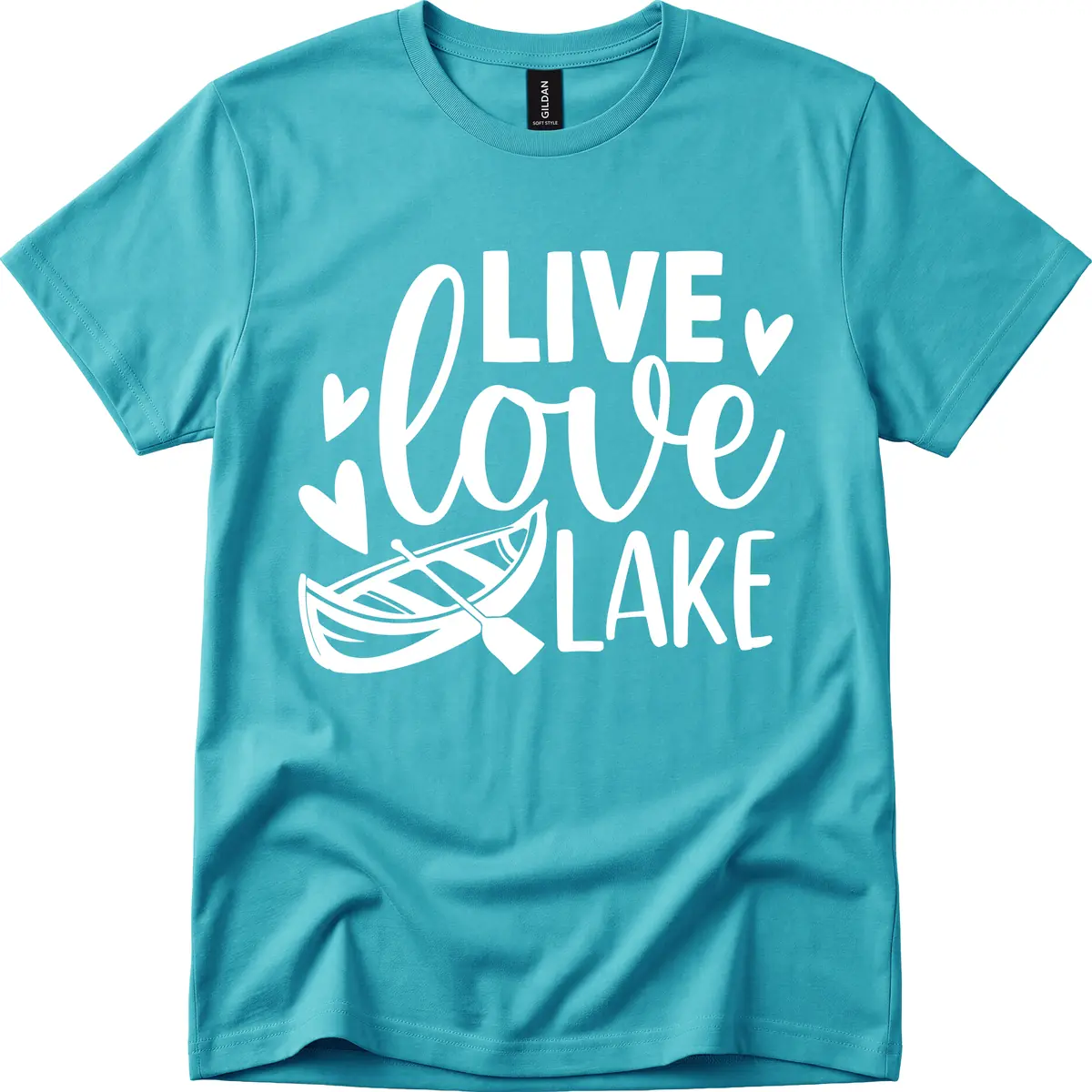 Live Love Lake Boat Design T-Shirt in Tropical Blue