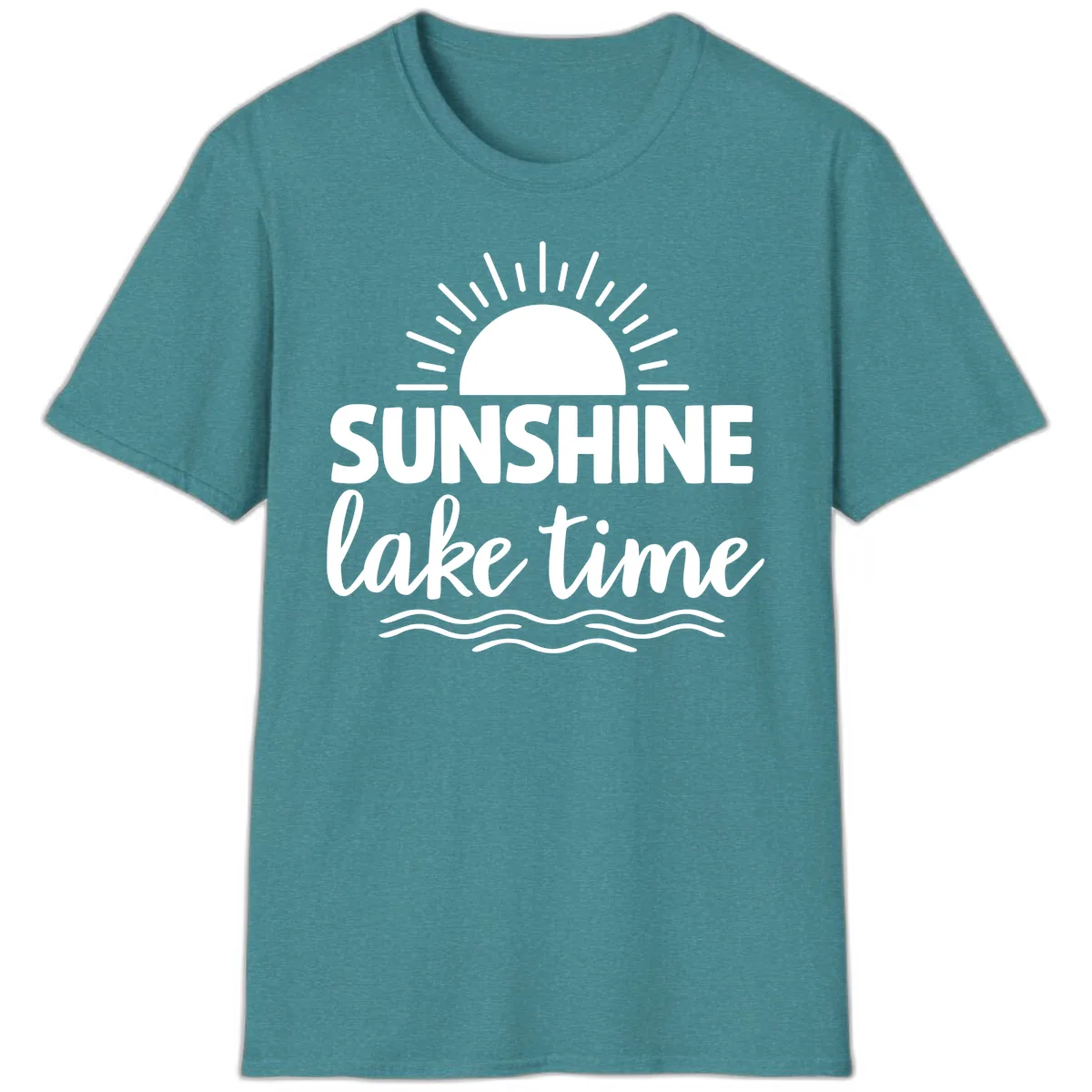 Sunshine Lake Time Design T-Shirt in Heather Galapagos Blue