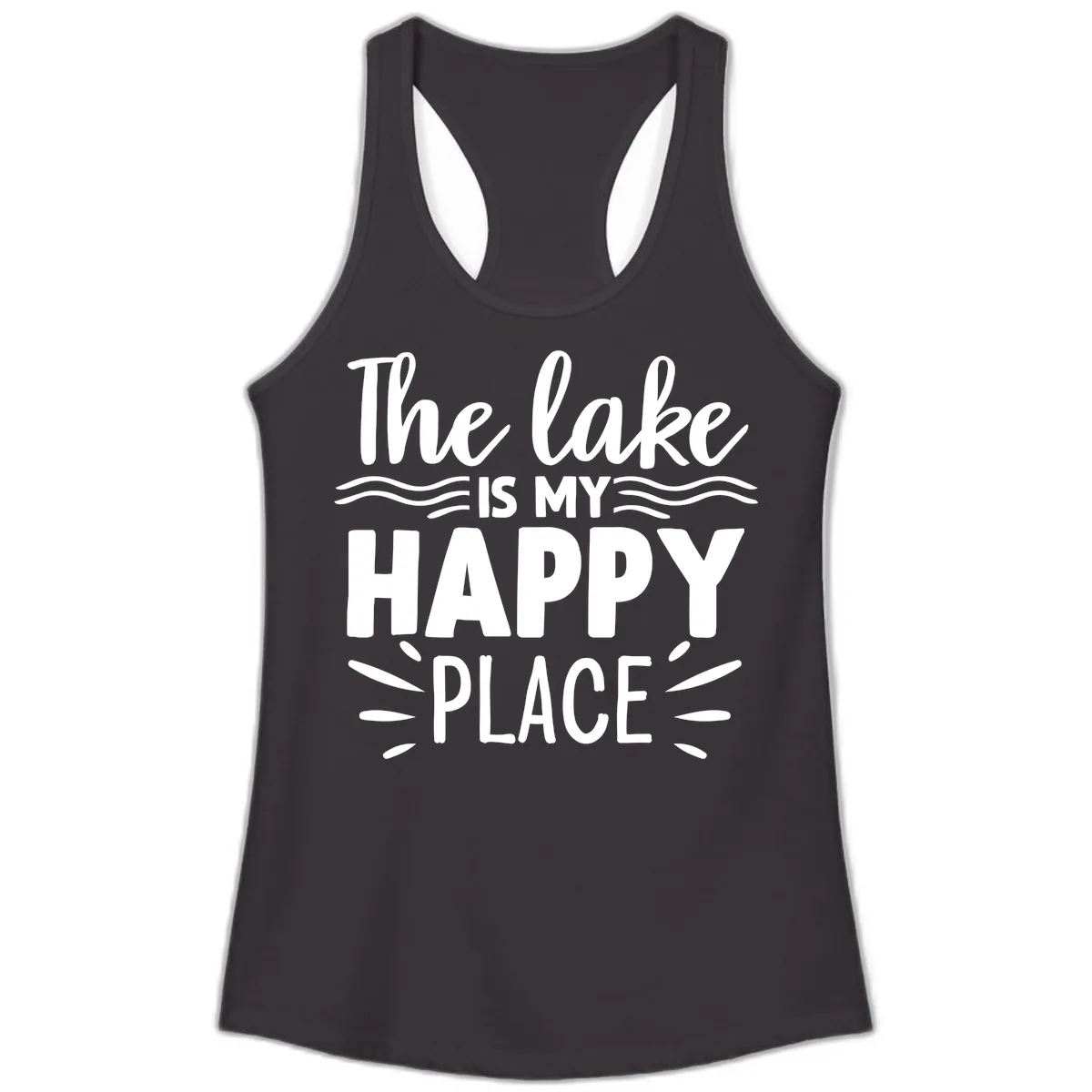 The Lake Is My Happy Place Design Ladies Tank in Black