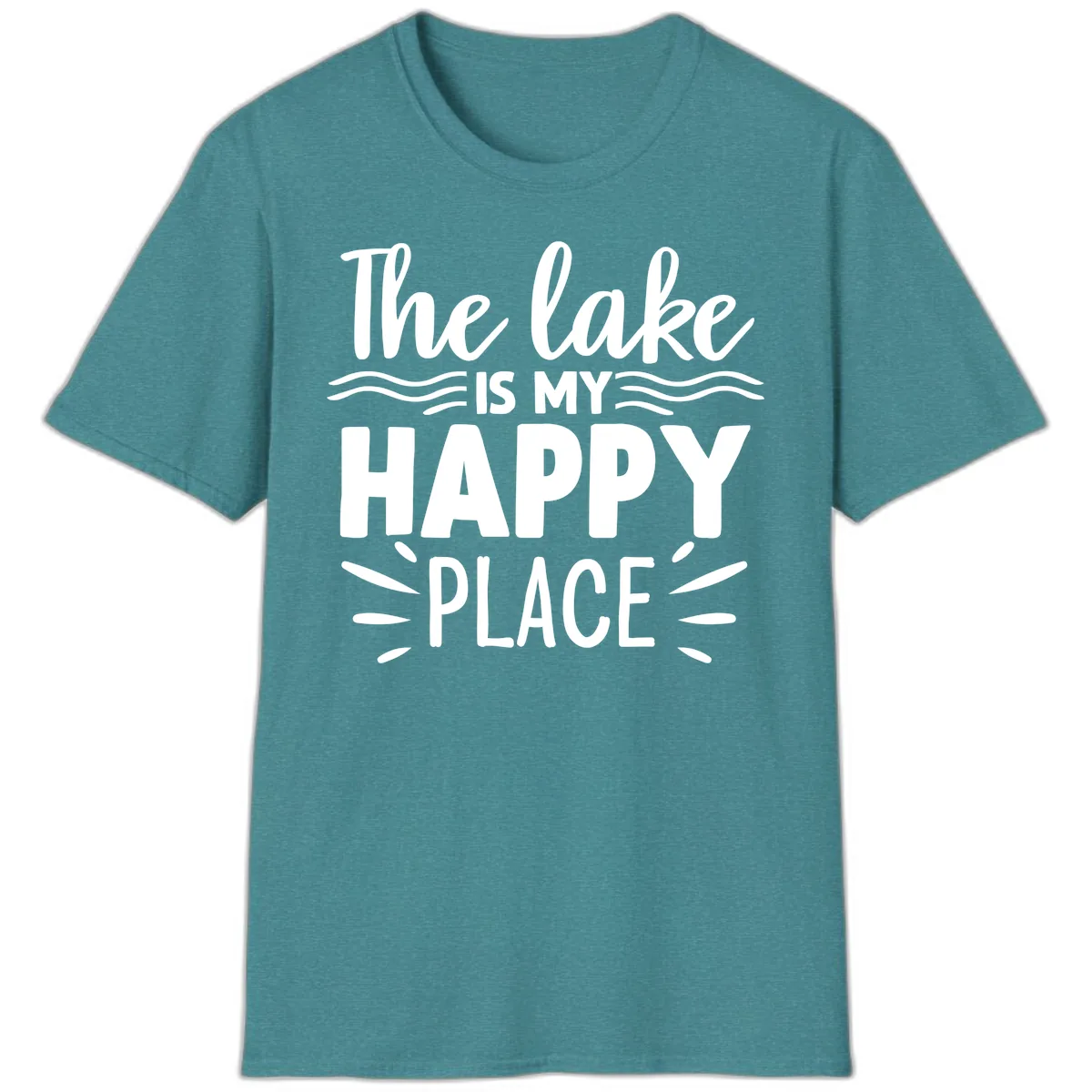 The Lake Is My Happy Place Design T-Shirt in Heather Galapagos Blue
