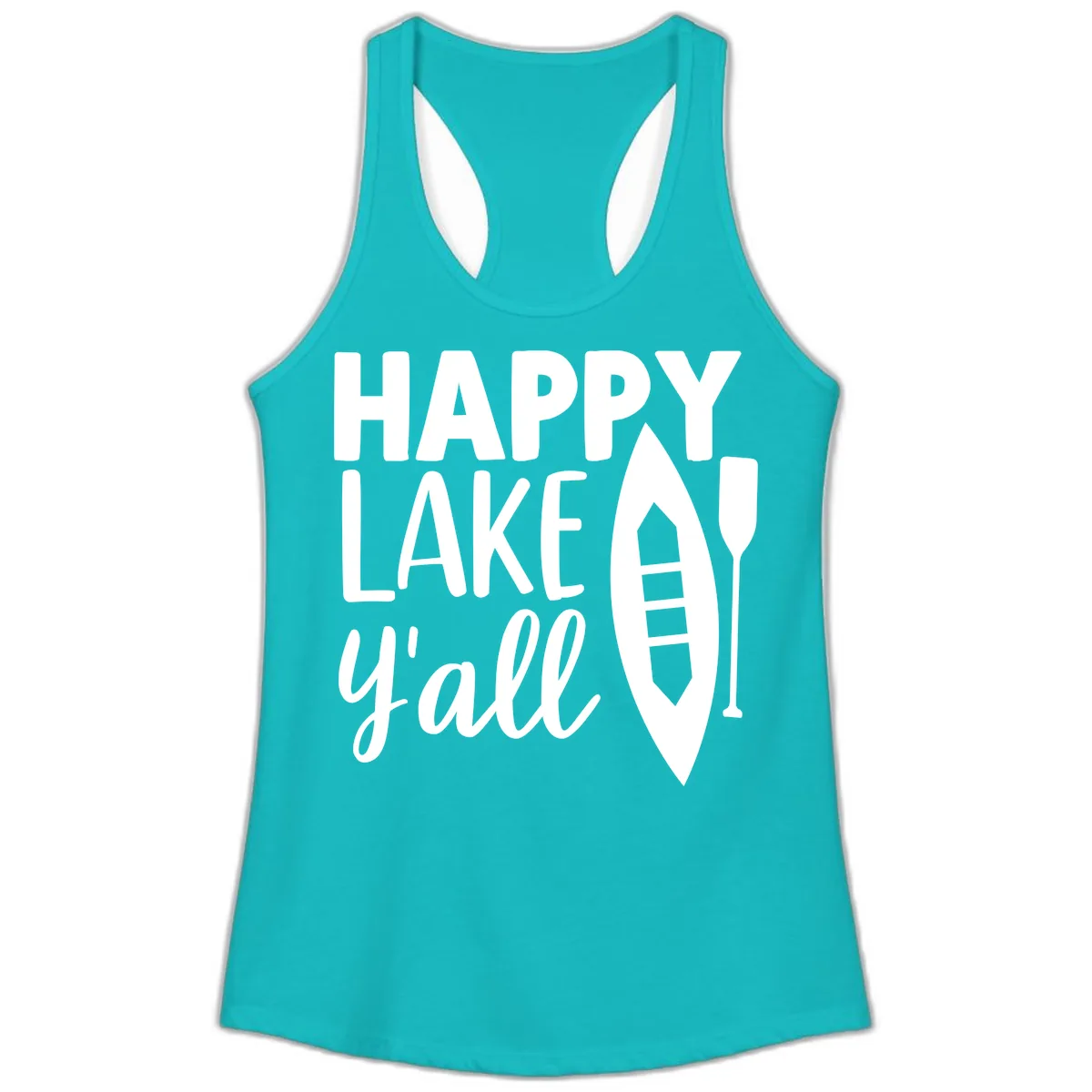 Happy Lake Y'all Boat Design Ladies Tank in Tahiti Blue