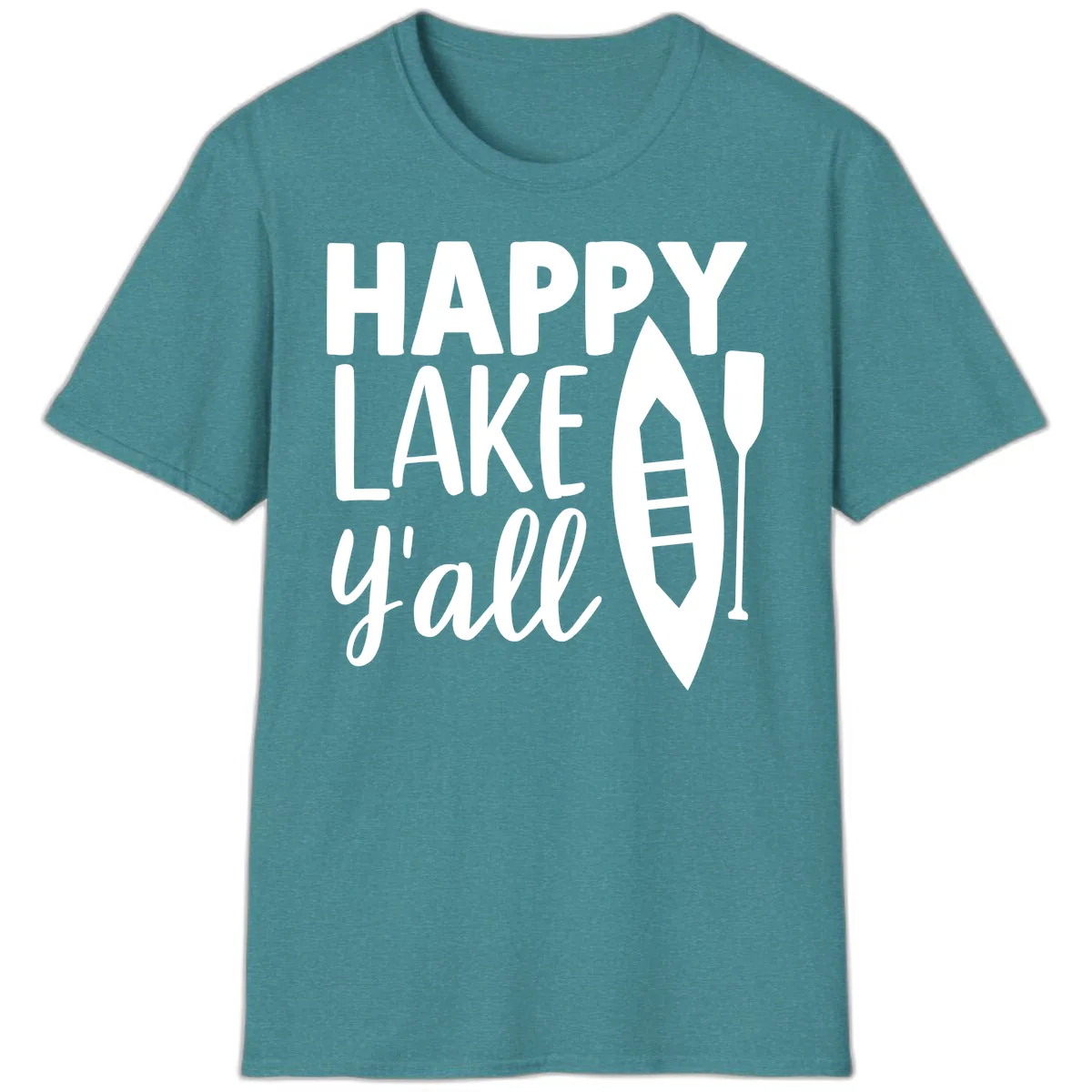 Happy Lake Y'all Boat Design T-Shirt in Heather Galapagos Blue