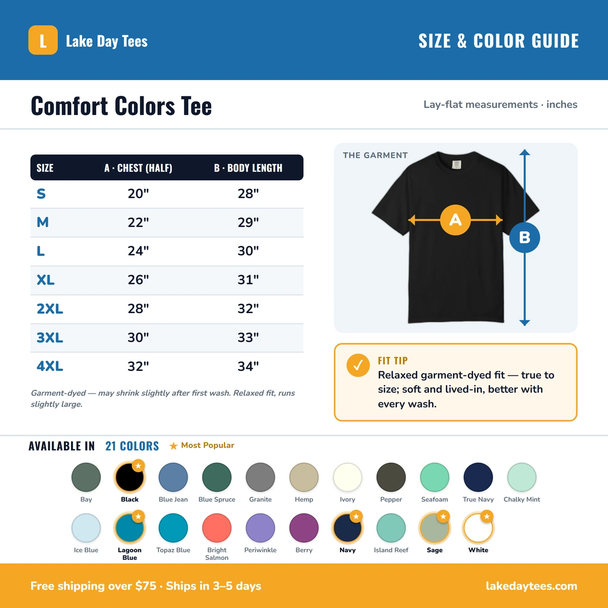 Comfort Color size & color guide