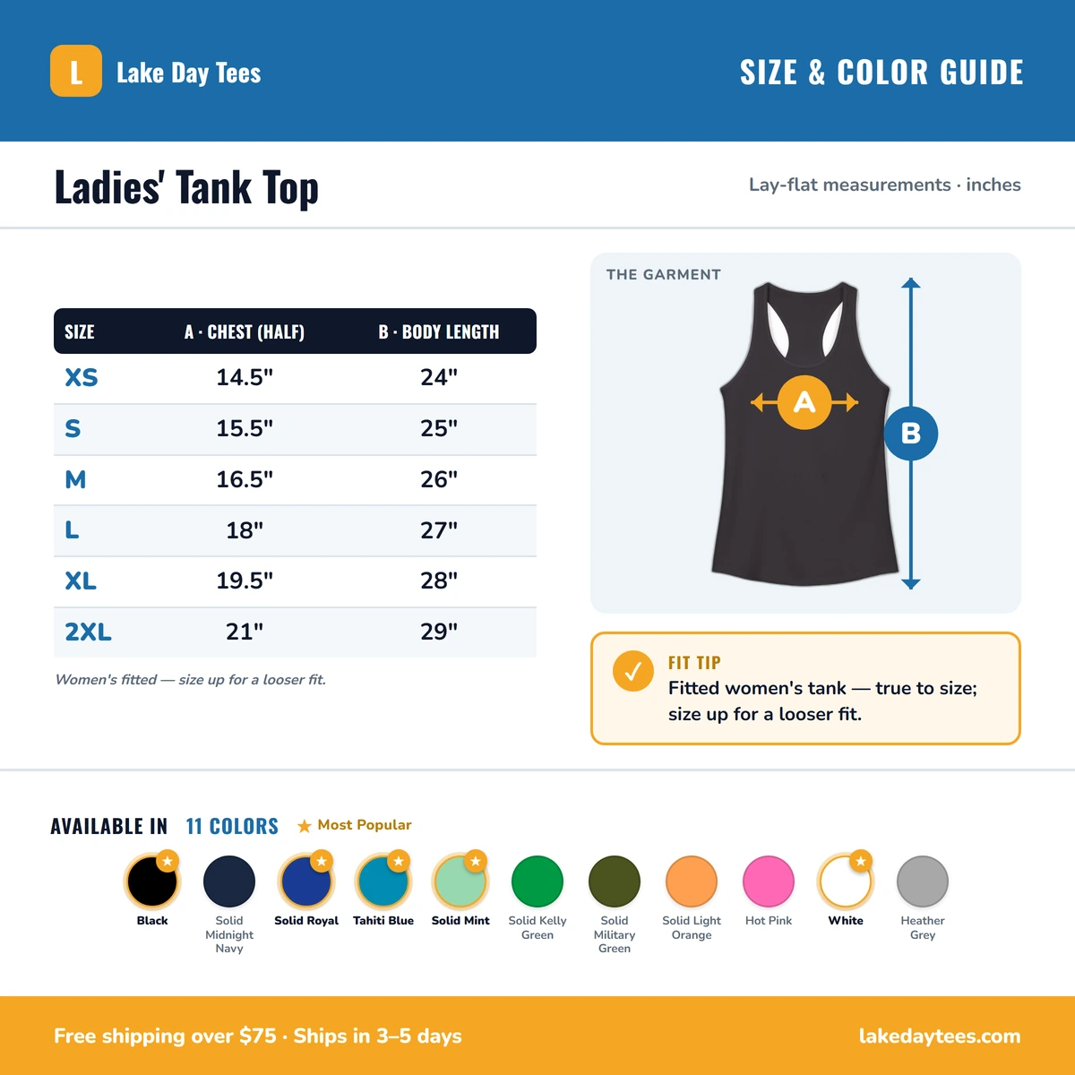 Ladies Tank size & color guide