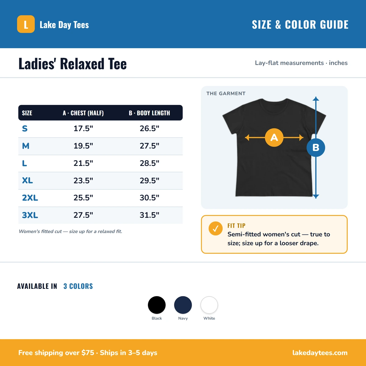 Ladies Tee size & color guide