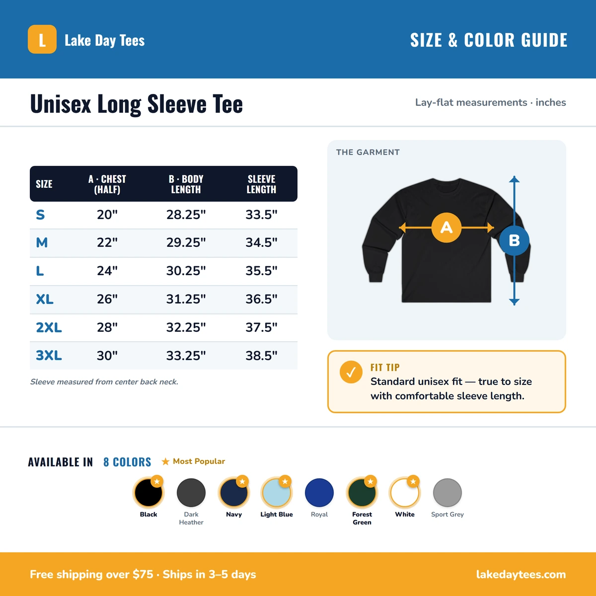 Long Sleeve size & color guide