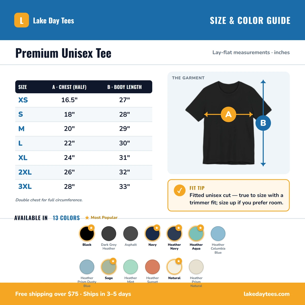 Premium T-Shirt size & color guide