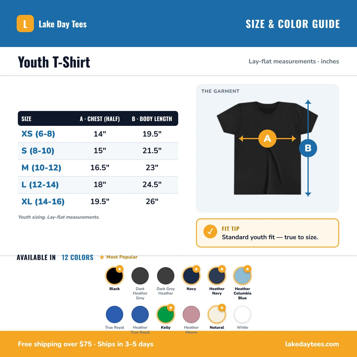 Youth T-Shirt size & color guide
