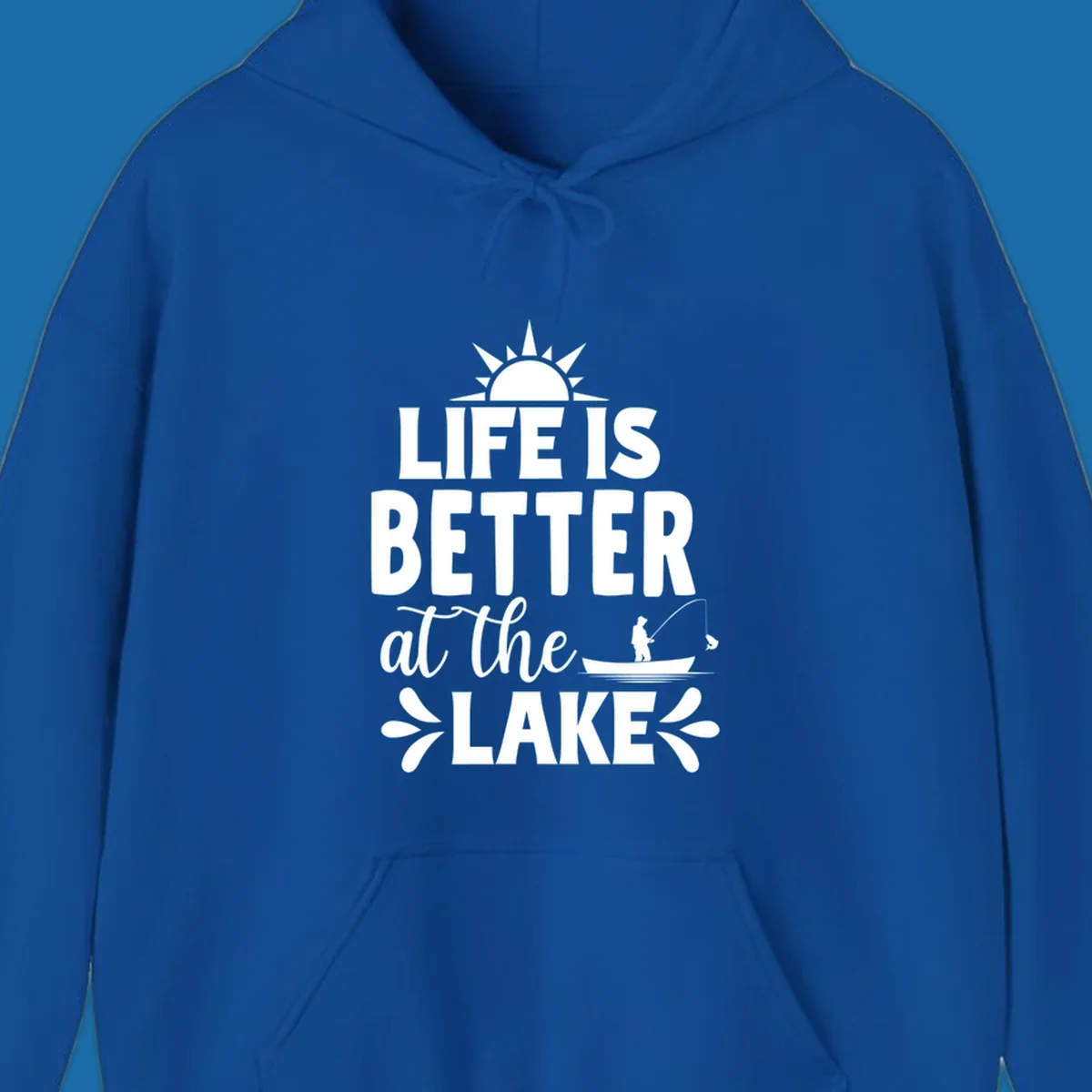 Life is better at the lake design with sun, fisherman, and fish.