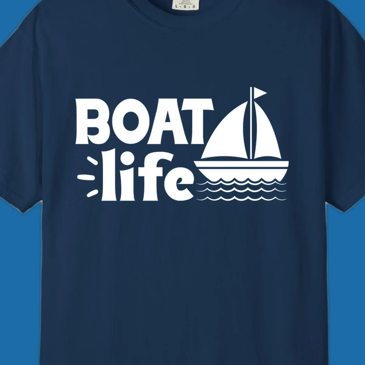Boat Life text with a sailboat illustration on waves, perfect for lake days.