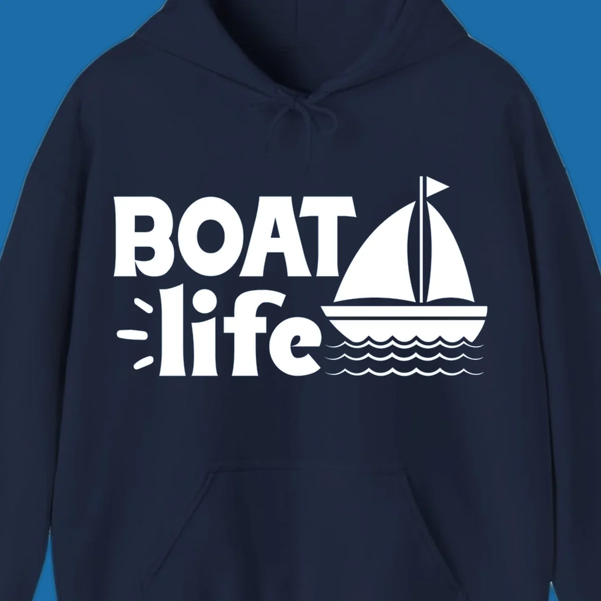 Boat Life text with a sailboat illustration on waves, perfect for lake days.