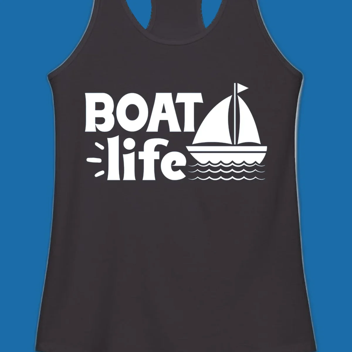 Boat Life text with a sailboat illustration on waves, perfect for lake days.