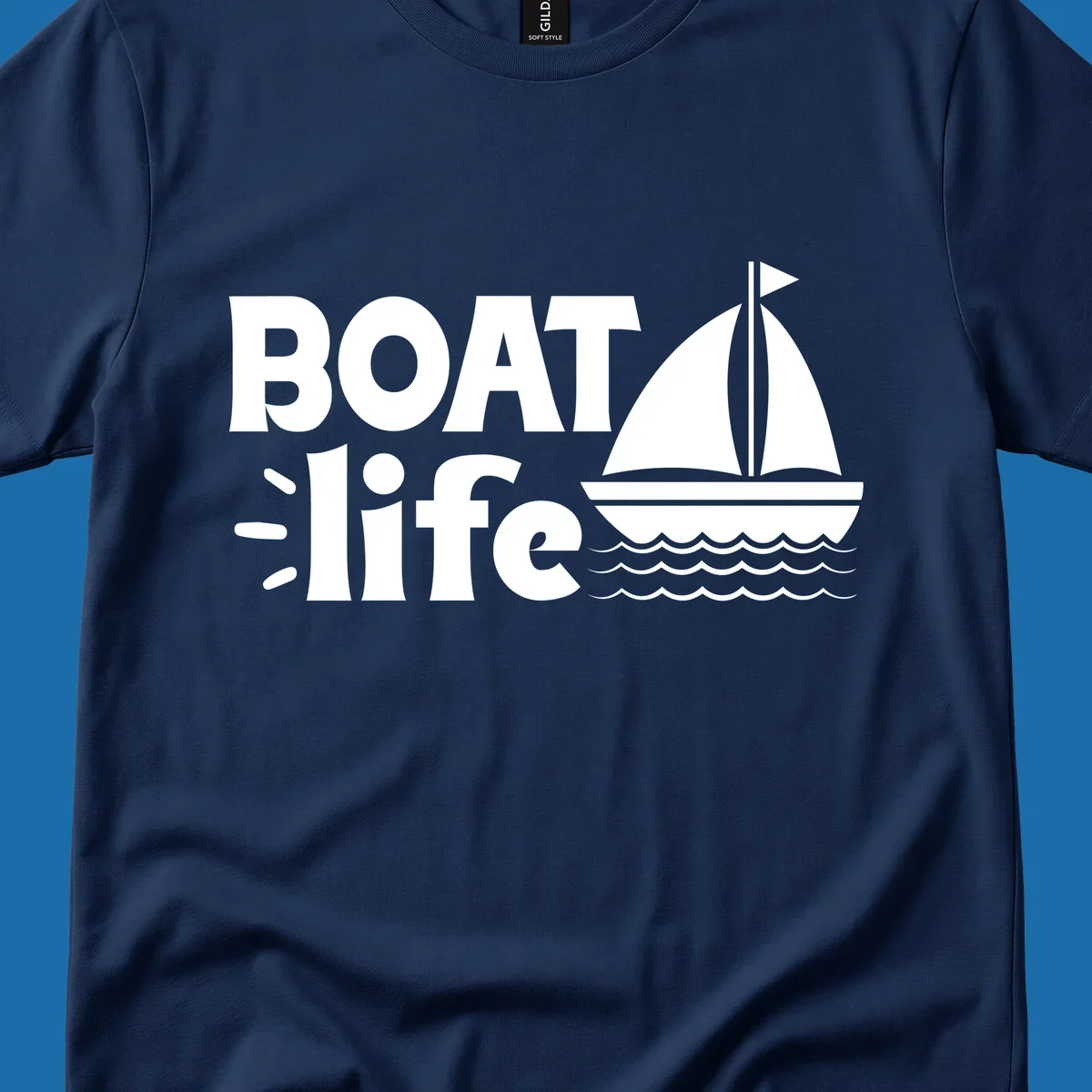 Boat Life text with a sailboat illustration on waves, perfect for lake days.