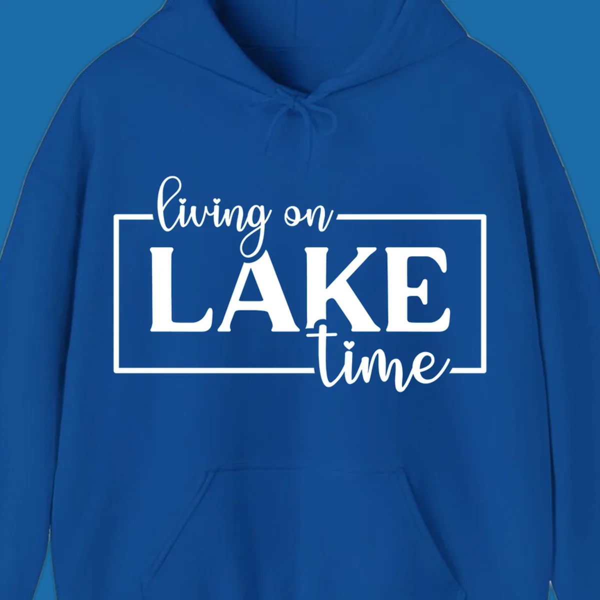 Living on lake time text design with script and bold fonts, inside a rectangle.