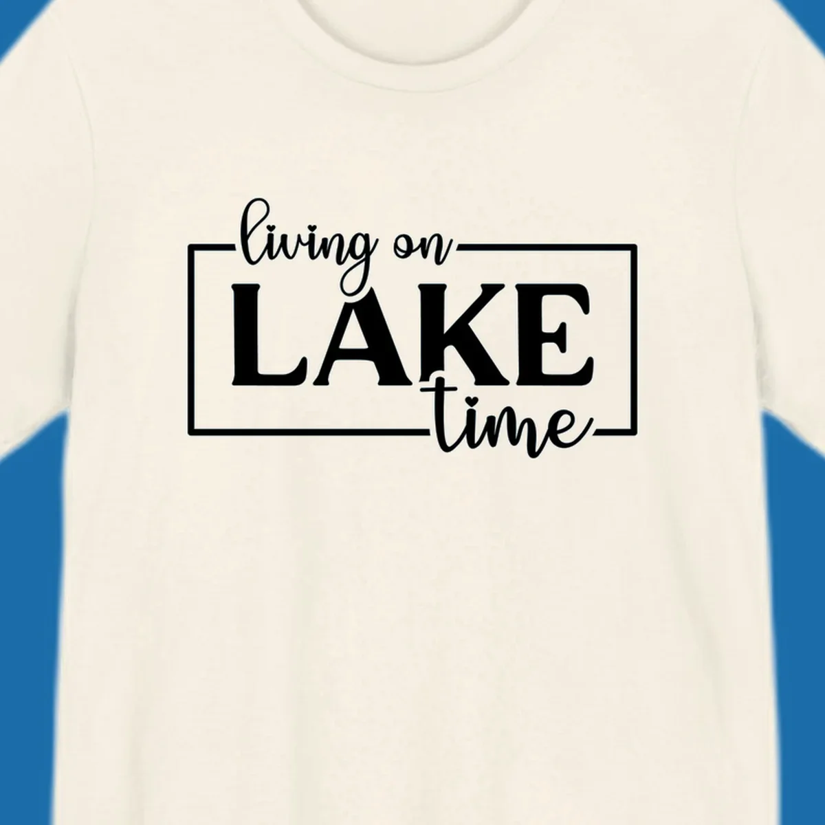 Living on lake time text design with script and bold fonts, inside a rectangle.